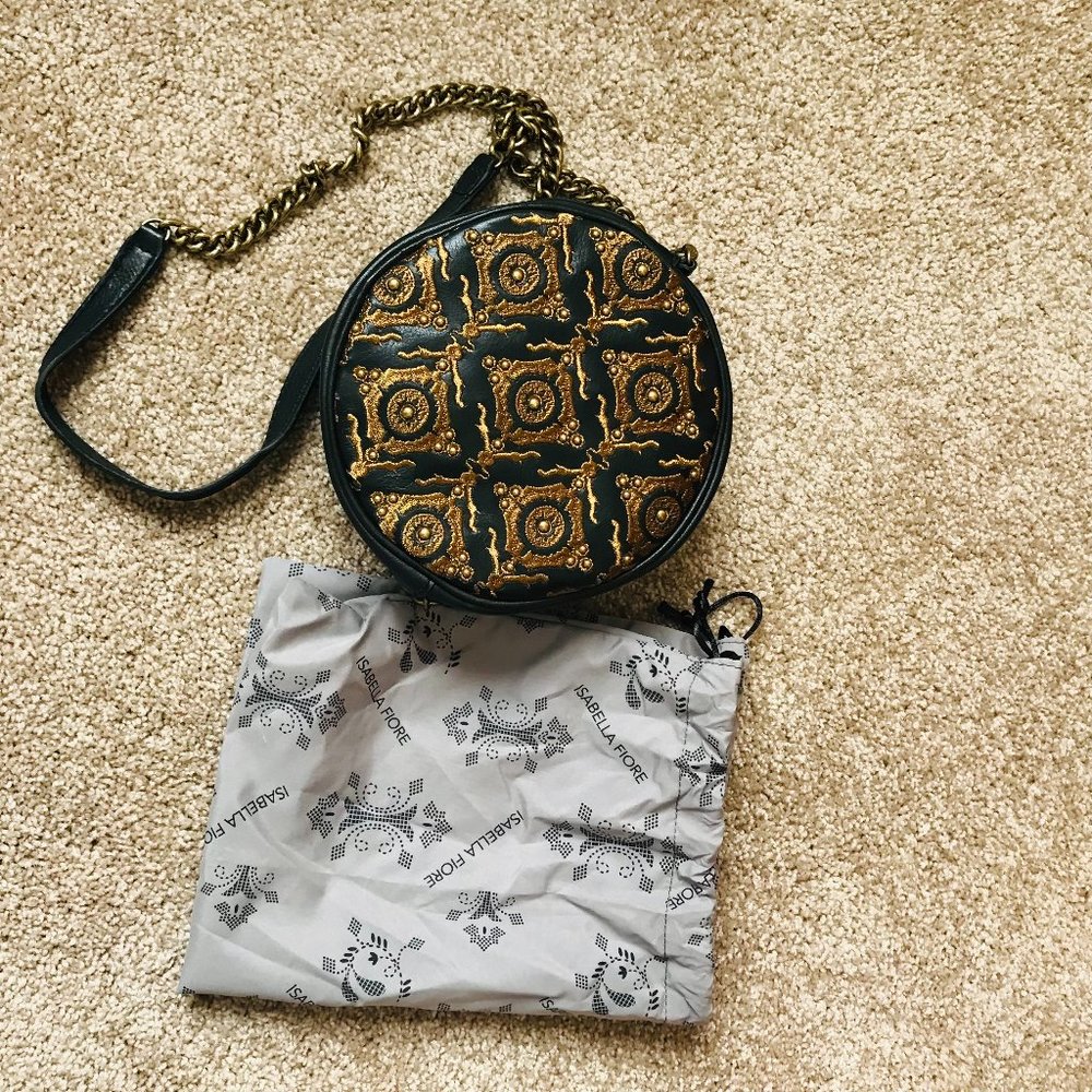New Isabella Fiore Black Leather Canteen Crossbody w/Copper & Brass Accents